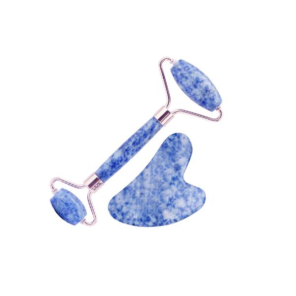 Blue Aventurine Jade Roller and Gua Sha Set for facial massage, lymphatic drainage, and skin rejuvenation