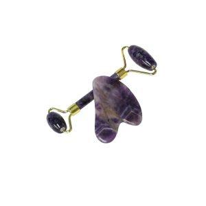 Natural Amethyst Jade Roller and Gua Sha Set for face and body massage in purple stone