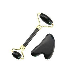 Obsidian Jade Roller & Gua Sha Set – Natural Stone for Face & Body (Black)