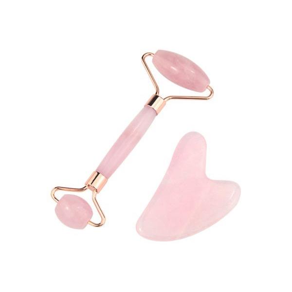 Natural Rose Quartz Jade Roller and Gua Sha Set for facial massage, lymphatic drainage, and skin rejuvenation