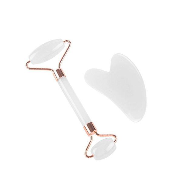 Natural White Crystal Jade Roller & Gua Sha Set – Facial Massage & Lymphatic Drainage Tool