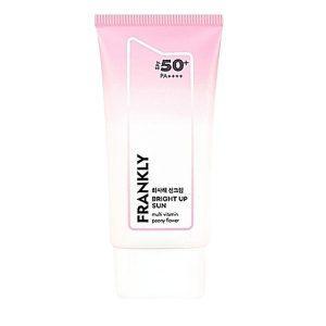 Frankly Brightening & Tone Up Sunscreen tube with peach beige texture and vitamin-rich formula