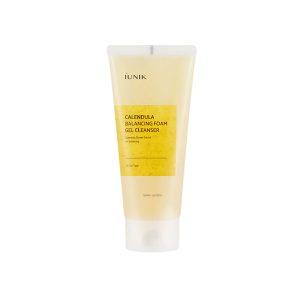 Iunik Calendula Balancing Foam Gel Cleanser tube with calendula petals and micellar foam