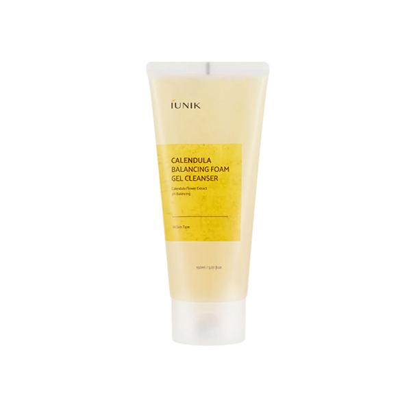 Iunik Calendula Balancing Foam Gel Cleanser tube with calendula petals and micellar foam