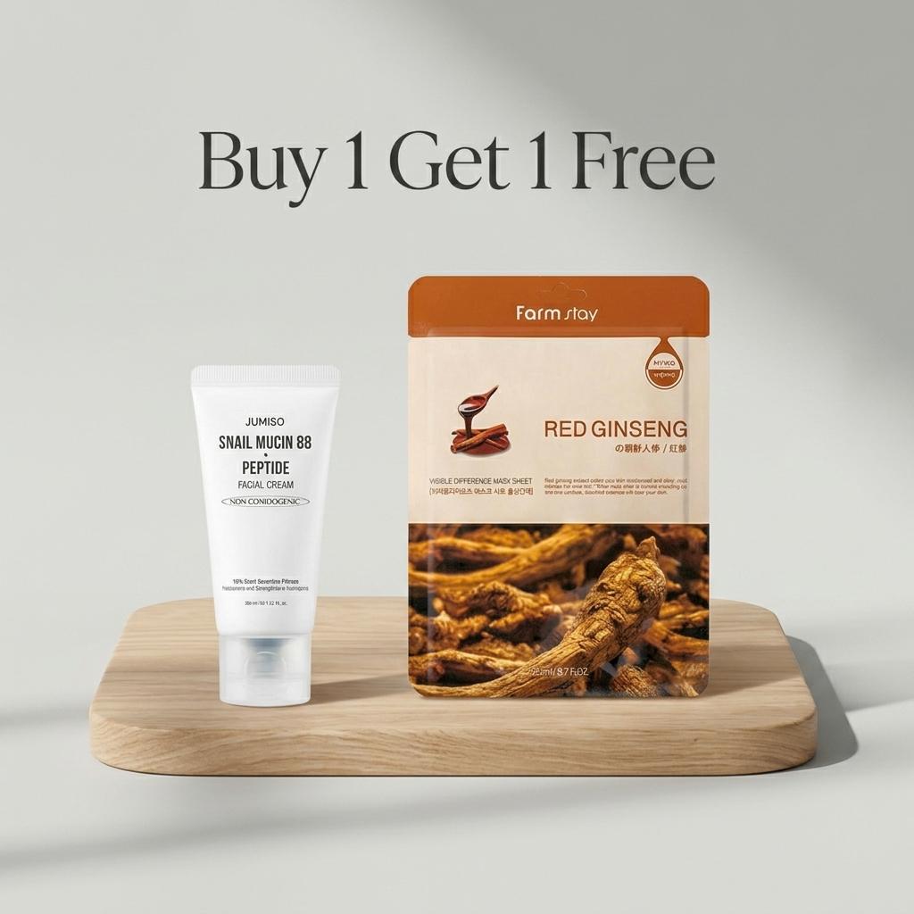 Jumiso Snail Mucin 88 + Peptide Facial Cream 30ml + Farmstay Visible Difference Mask Sheet Red ginseng 23ml (Free)